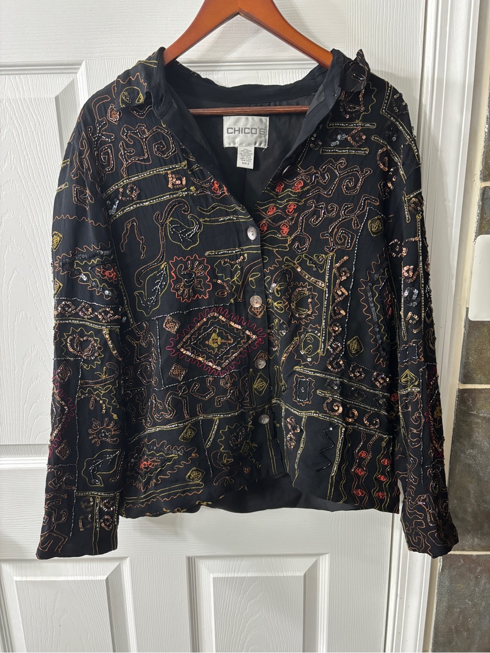 Chico's Black Embroidered and Beaded Multi-Color Button Jacket - Picture 2 of 5